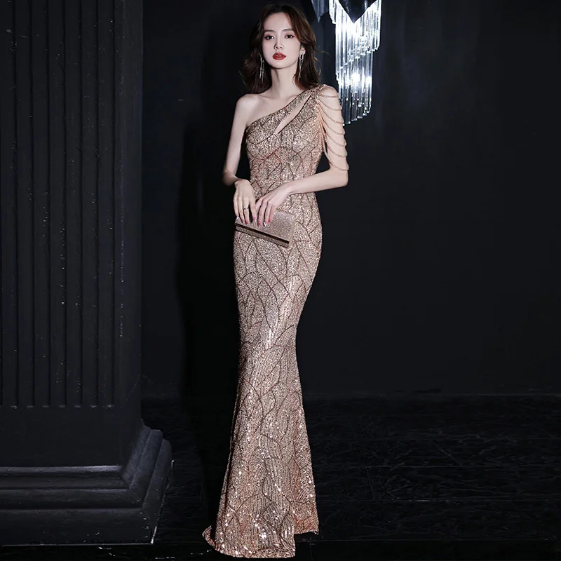 Heavy industry evening dress women 2022 new banquet temperament host walk show dress sexy one shoulder fishtail