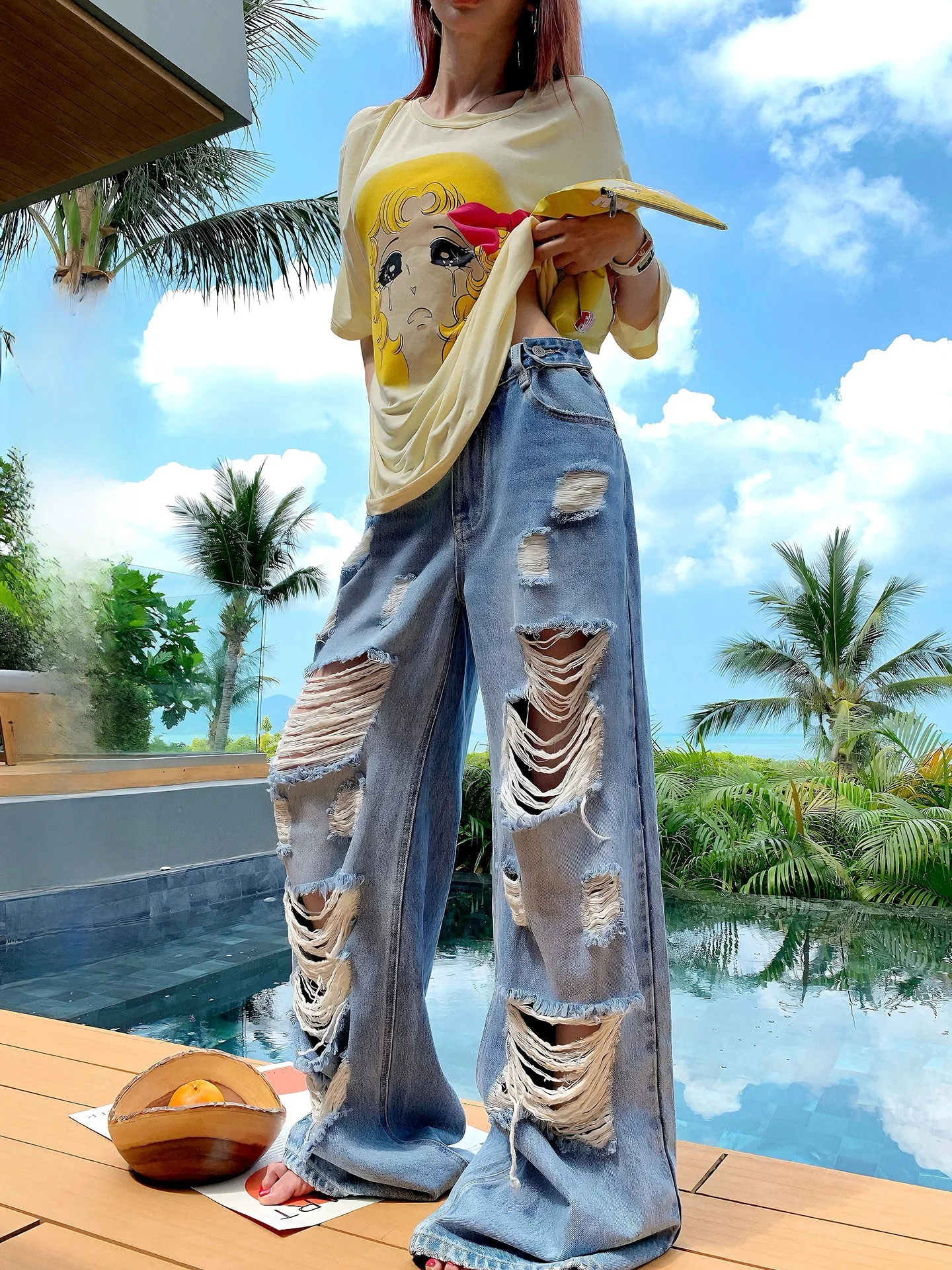 

Cool Early Spring New Style Heavy Washed Casual Wide Leg Jeans Li Wan Jun 85 Cotton Hole Punching Resistant Skin Breathable