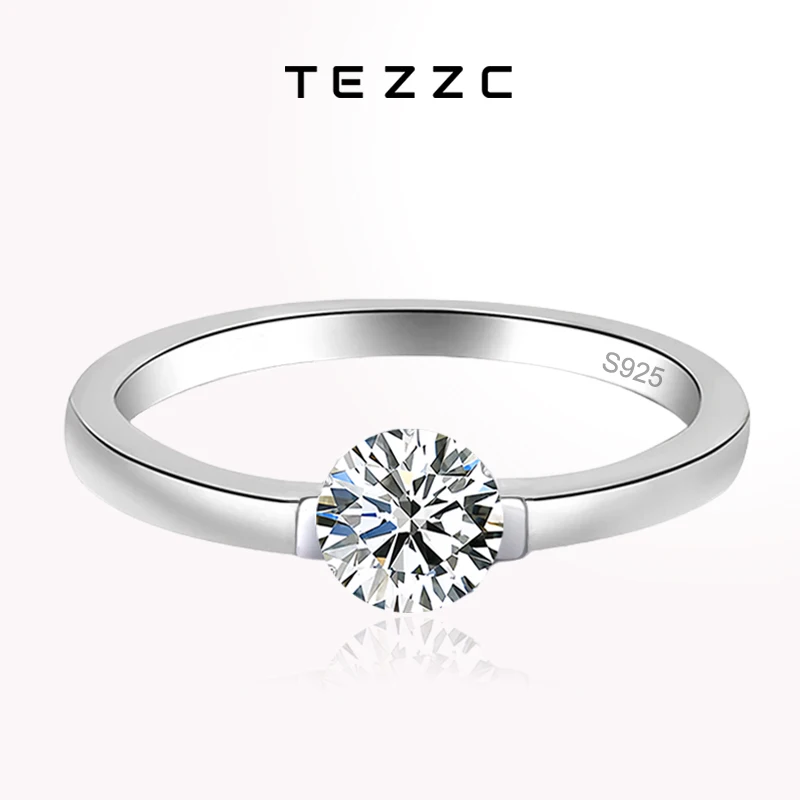 Tezzc 0.5CT 5mm Moissanite Rings for Women Men Solitaire Wedding Promise Bands Diamond Top-quality S925 Sterling Silver Jewelry