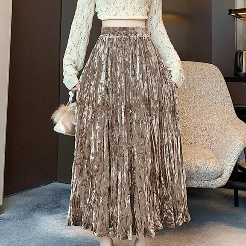 

Luxury Solid Velvet Skirts Woman Summer Autumn Korean A-Line Folds Long Skirts for Women Temperament High Waisted Women's Skirts