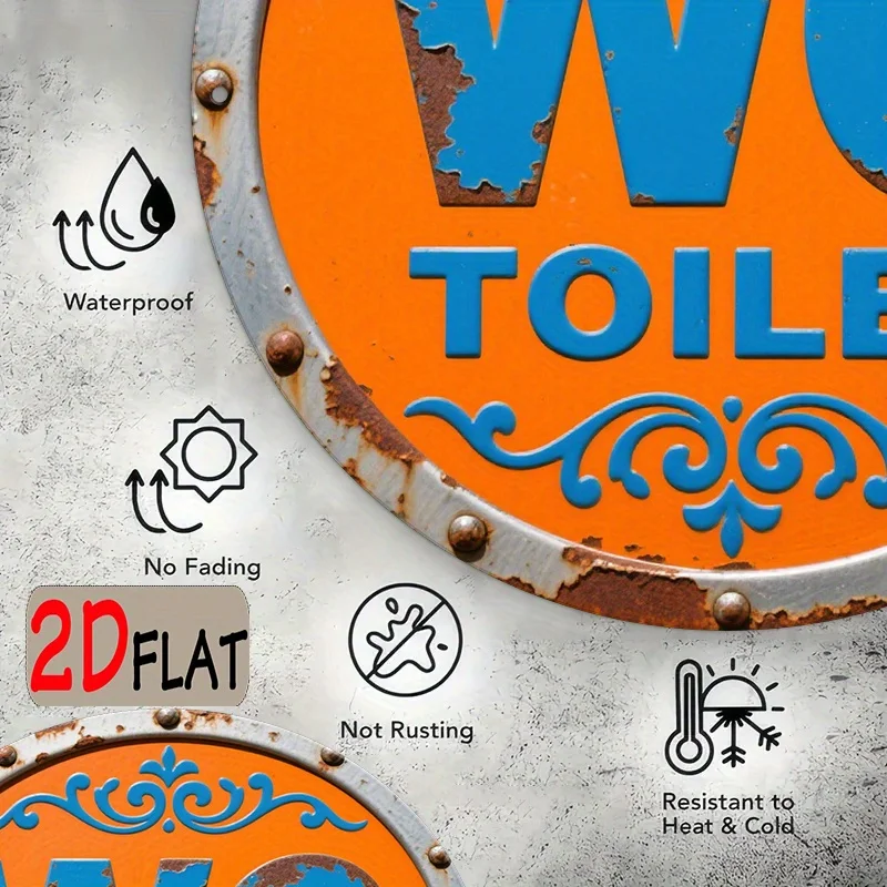 2D Flat - 1pc a 2D Flat Printed Metal Sign Measuring 20X20 Cm, Featuring a Retro WC Text Design. This Round Outdoor Plaque Has a