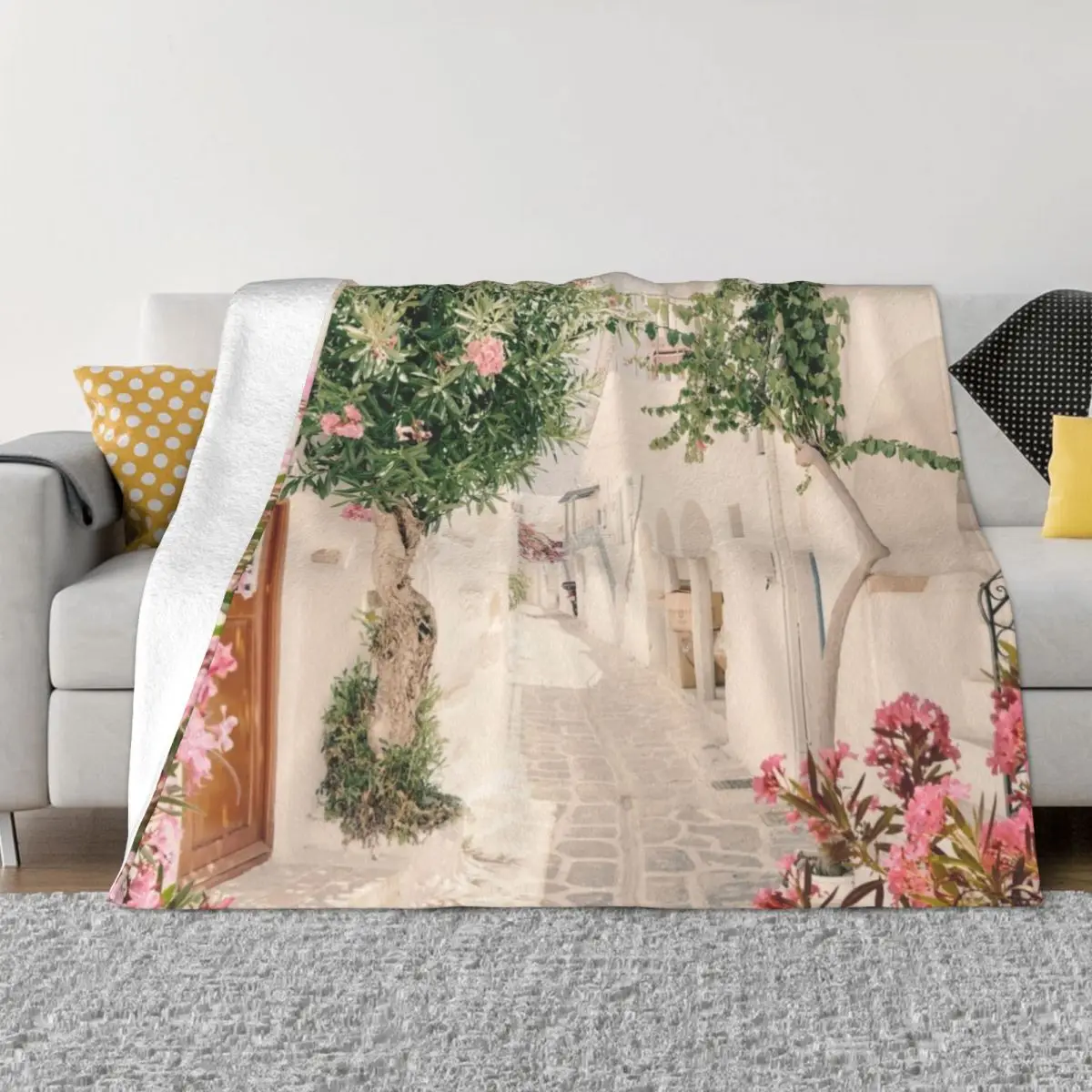 Santorini Greece Mamma Mia Pink Oleander Cottage Wall Art Prints Throw Blanket Soft Big Blanket heavy blanket to sleep