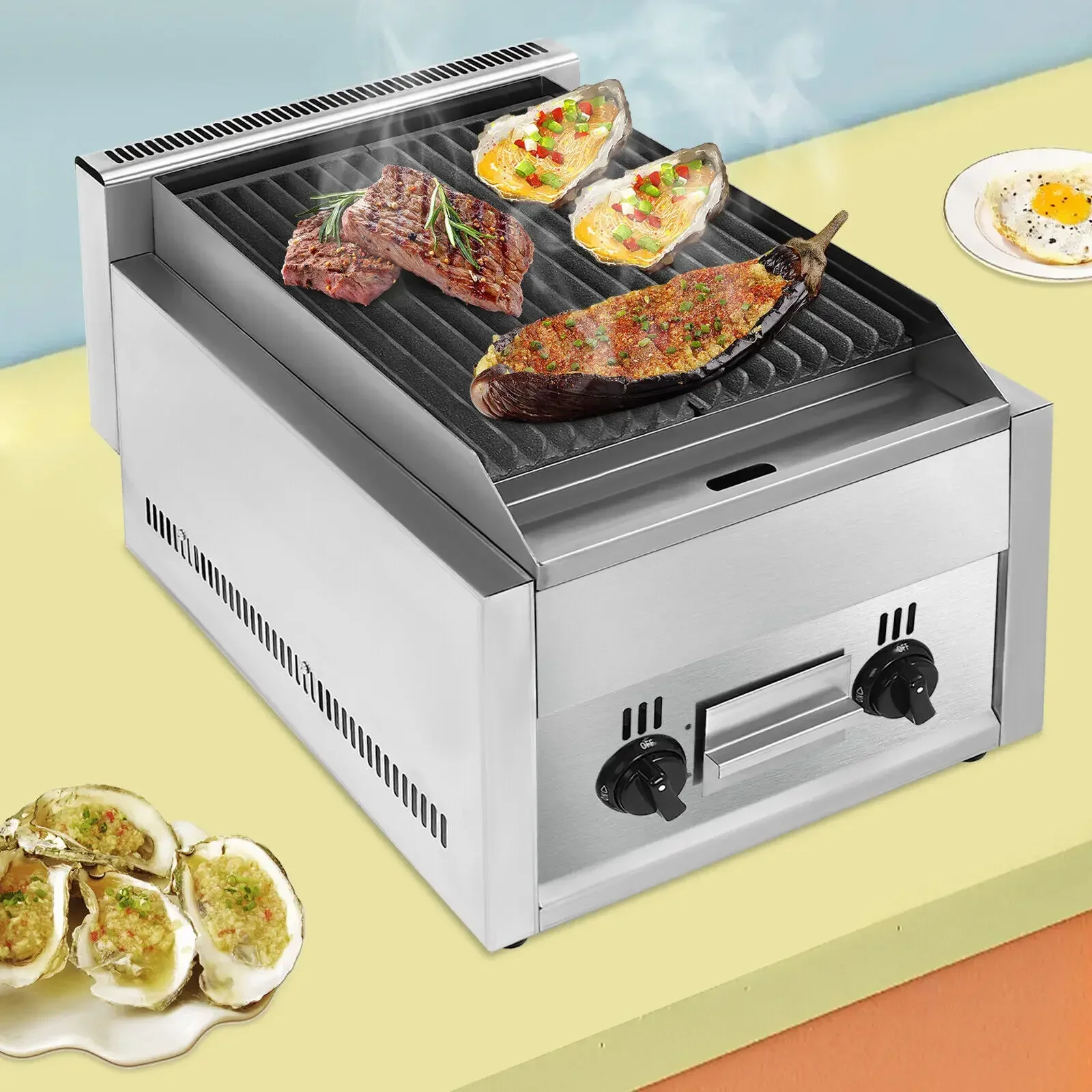 

​​2 Burner Commercial Propane Grill Volcanic Stone Cast Iron Grates 201 Stainless Steel for High Volume Cooking​​
