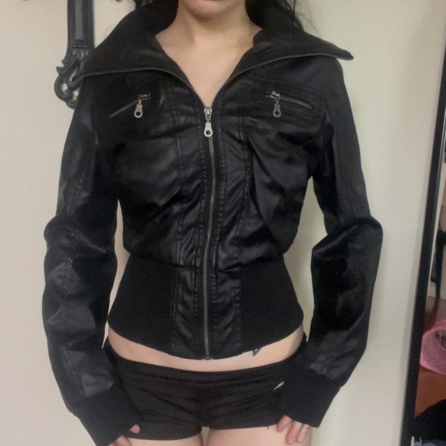 Women's Black Faux Leather Er Jacket Y2K Zip Up Motorcycle Biker Coat Slim-Fit Streetwear Punk Gothic Spring Fall Outerwears
