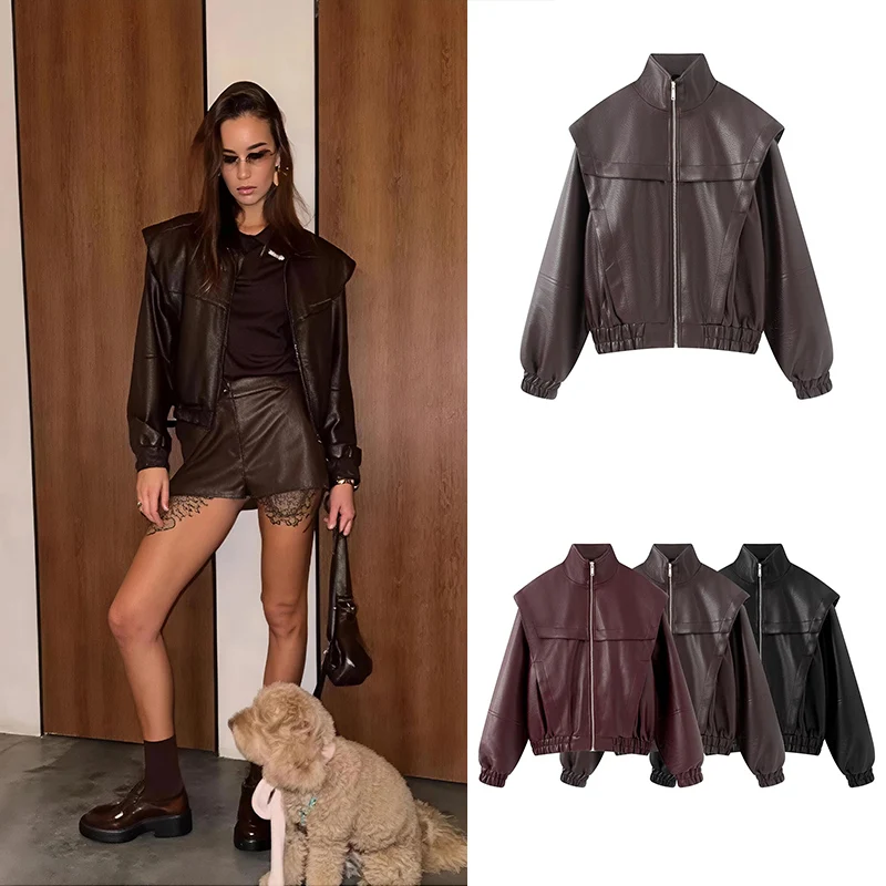 Guobioziy Women's Flight Leather Jacket 2026 Spring＆Autumn Collection Solid Color with Zipper Design Casual Daily Fashion Street