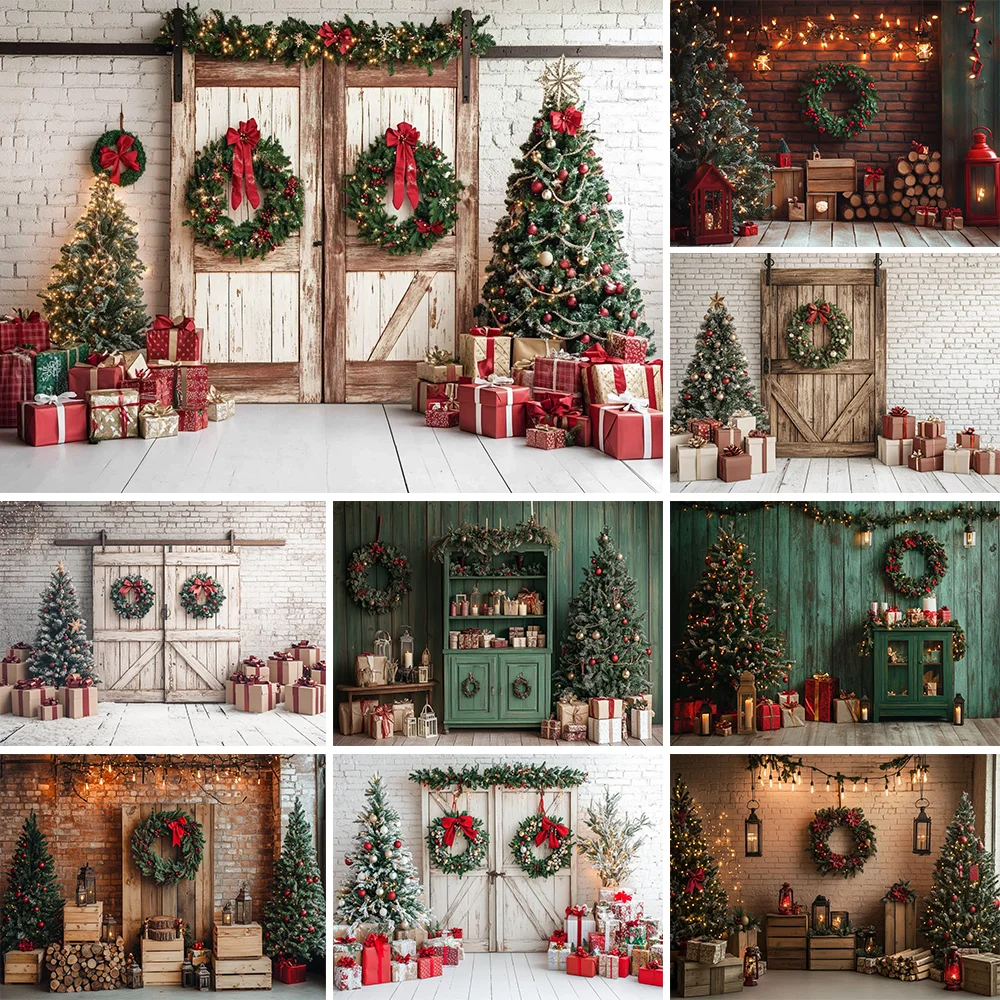 Photography Background Christmas Room Tree Door Wreaths Decoration Backdrop Family Kid XMAS Holiday Party Prom Studio