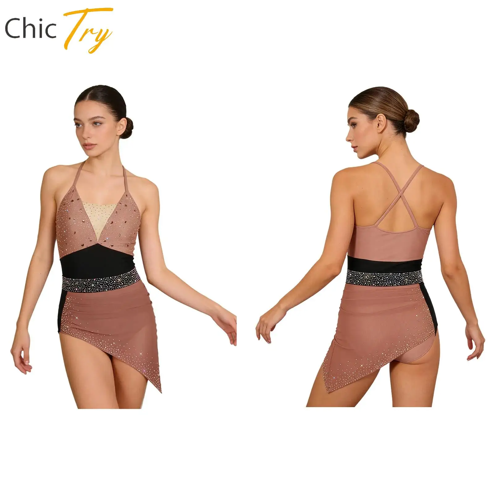 

Women Figure Skating Ballet Lyrical Latin Leotard Dress Rhinestone Mesh Overlay Sling Tight Gymnastics Leotards Modern Dancewear