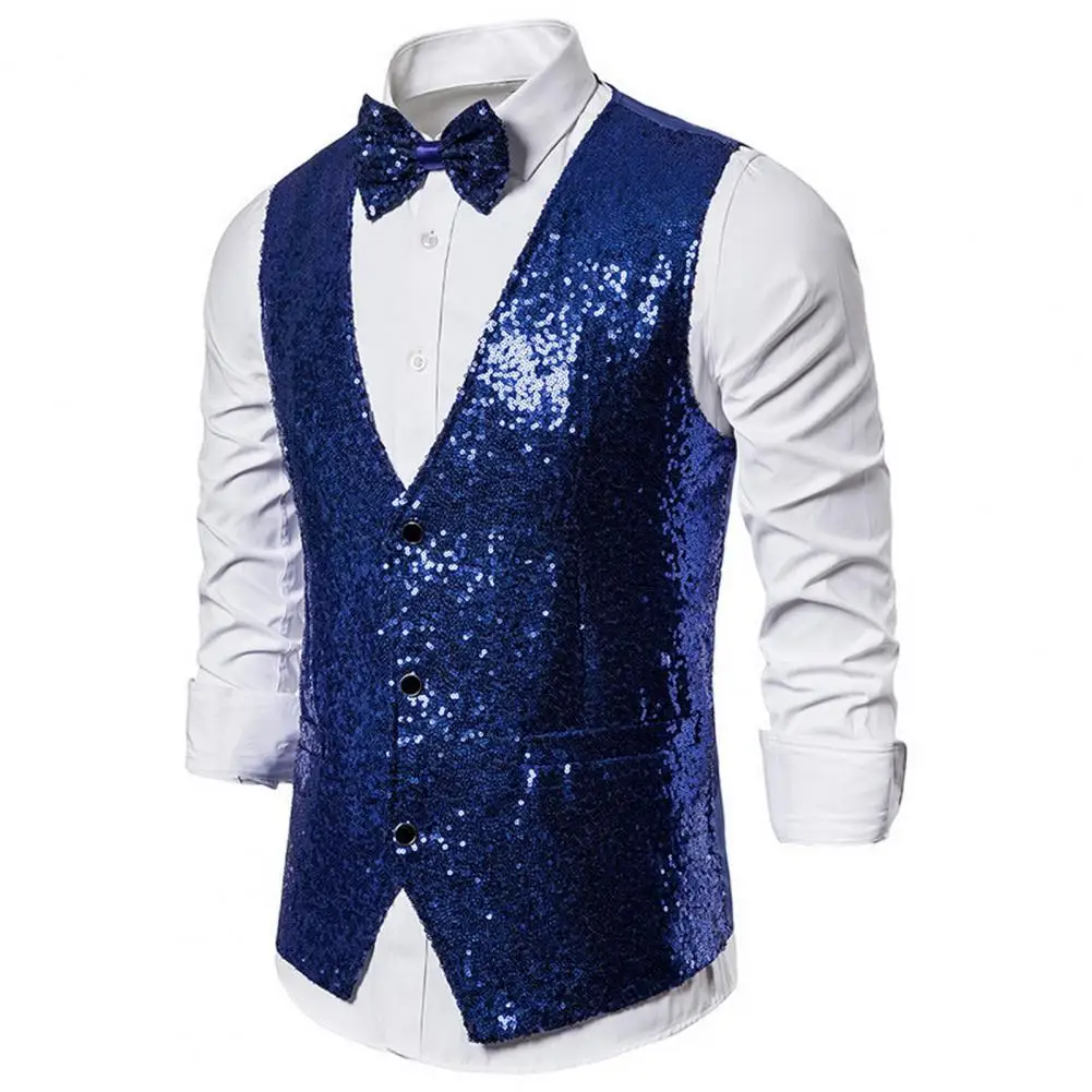 Men Vest Bow Set Shiny Sequin Sleeveless Cardiagn Single-breasted V Neck Stage Show Emcee Performance Men Waistcoat
