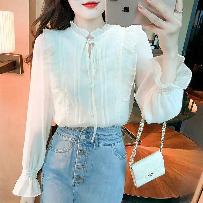 

Fashion Woman Blouses 2023 Stand Collar Long Sleeve Spring Autumn Loose Solid Color Elegant Casual Bow Spliced Flare Sleeve Top