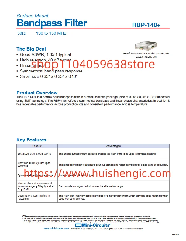 RBP-140+        140MHz intermediate value frequency band-pass RF filter (radio frequency) 20MHz bandwidth 3.5dB 8-SMD, no lead