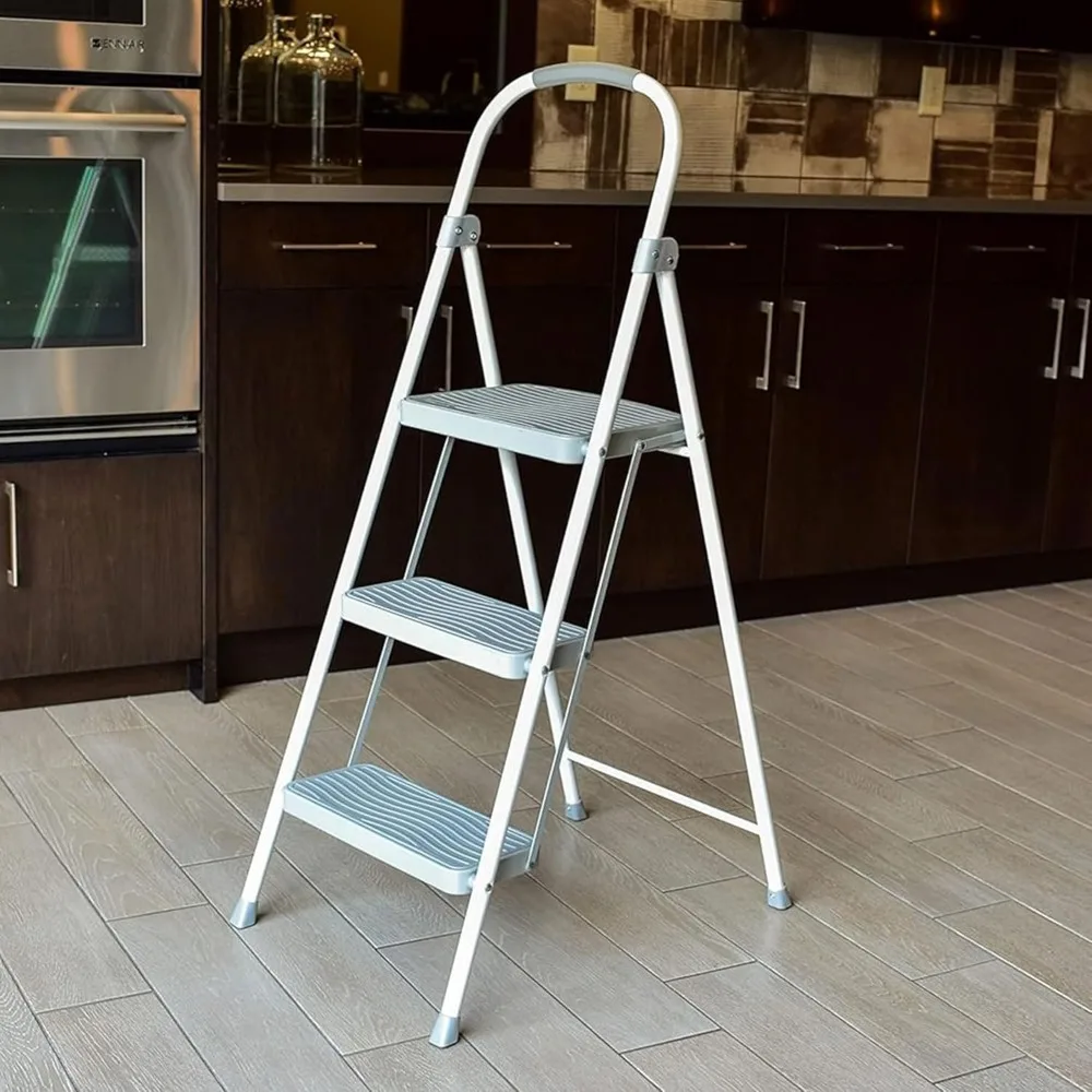 3-traps vouwladder, stalen opvouwbare opstapkruk met handgreep, wit