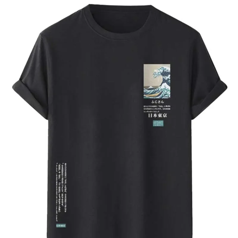 

T-shirts for Men Japanese Printed Sea Wave Graphic Short Sleeves Tees Casual Summer Streetwear Cotton Tops Black