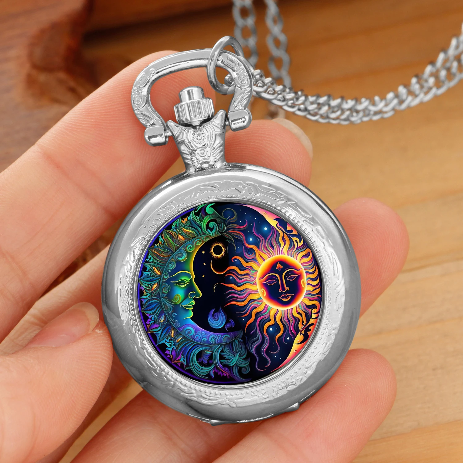 

Sun and Moon Yin and Yang Quartz Pocket Watch for Women Men Silver Necklace Unique Pendant Clock Chain Watch Gift Accessories