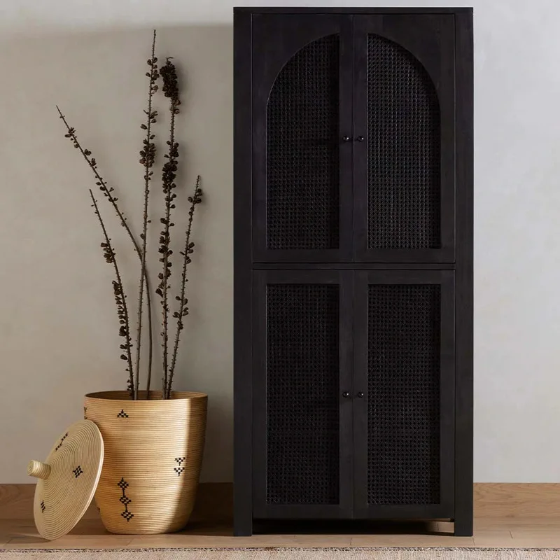 Nordic double door  wood bookcase retro black living room dining side cabinet locker wabi sandy wind bedroom rattan wardrobe