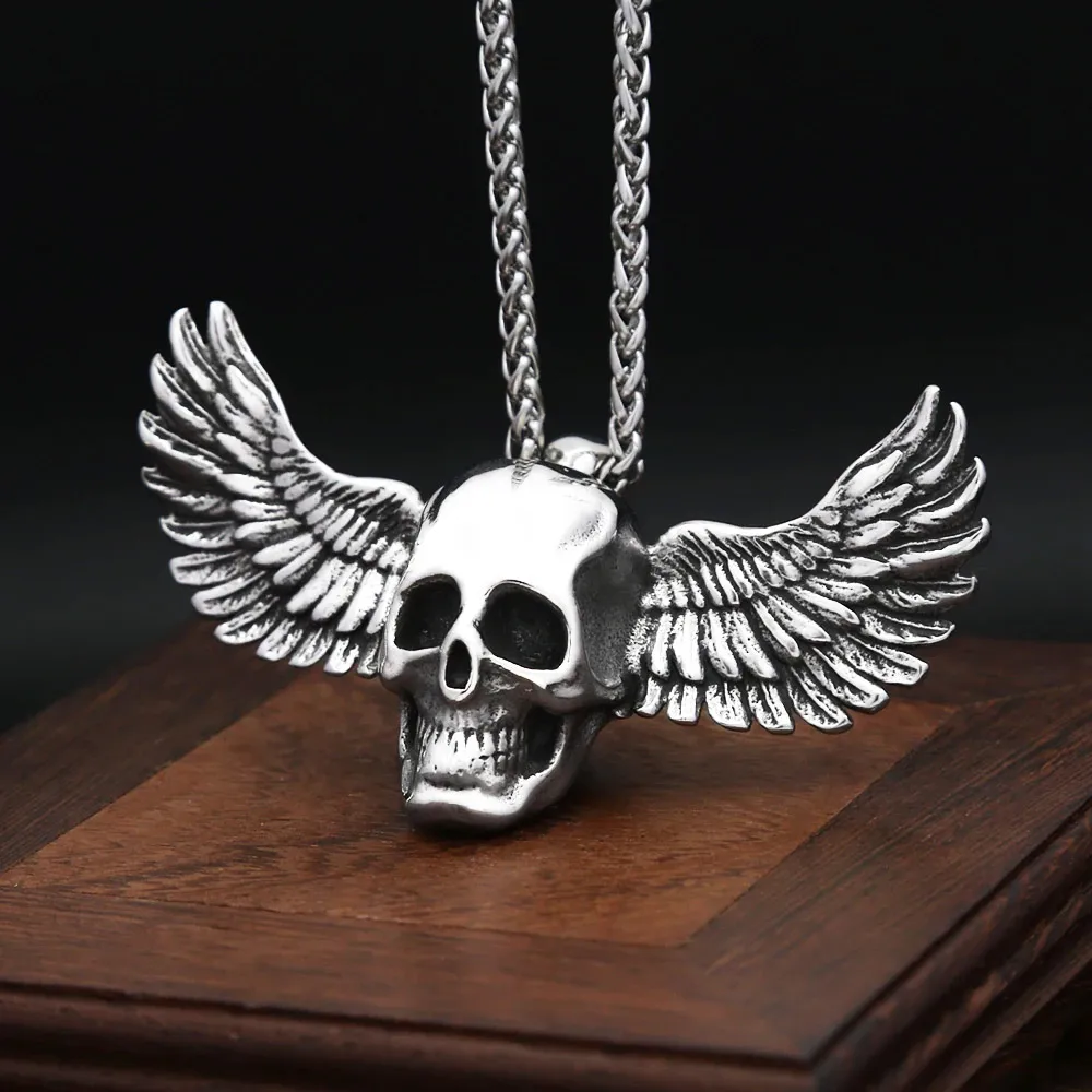 Skull Wing Stainless Steel Pendant Necklace Vintage Gold Silver Gothic Punk Biker Unisex Neck Jewelry Holiday Party Gift