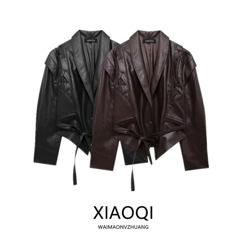 Slim Fit Women's Leather Jaet 2024 Autumn New Design Neline Sle Versatile Belted Long Sve Commute Faion Ladies Coat