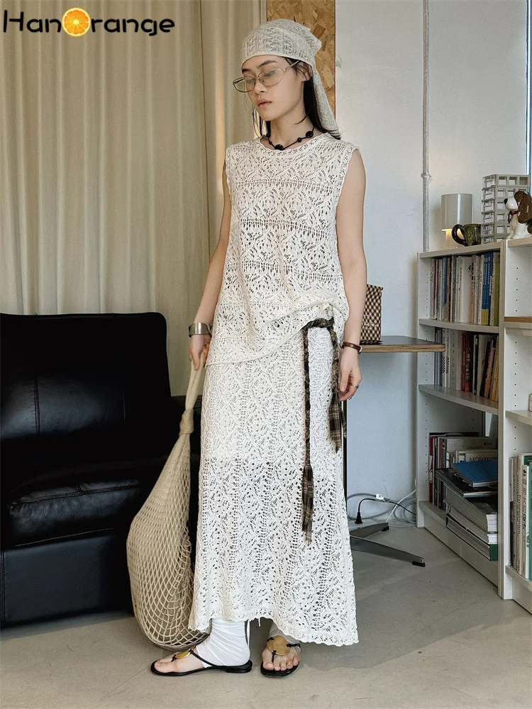 HanOrange 2026 Summer Bohemian Rhombus Knitted Tank Top + Skirt Women Two Piece Set Women Vacation Set Beige White