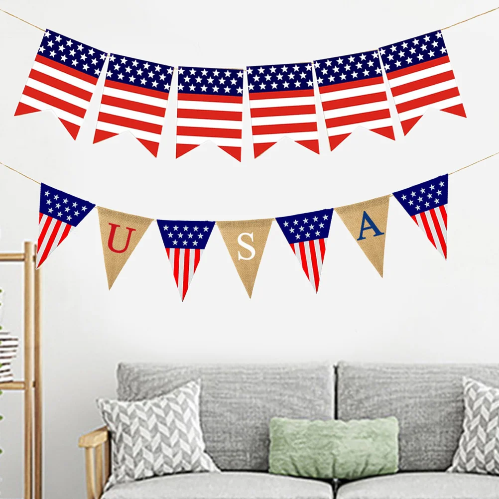 2 Pcs America Independence Day Banner The Party Usa Pennant Supplies Linen Dovetail Garland