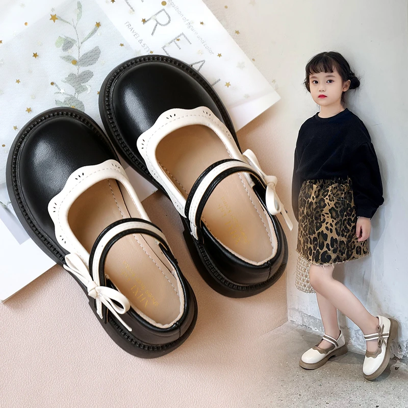 Fashion Girl School Shoes Patchwork Kid Princess Shoes for Children Shallow Toddler Ruffled Edge Leather