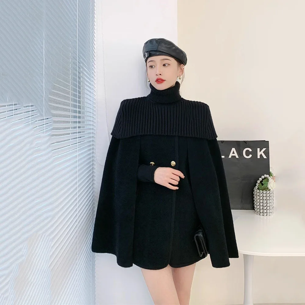 Korean Style Wool Blends Poncho Autumn Winter 2023New French Ladies Cape Cloak Womens Fashion Warps Black Knit Shawl 2 Piece Set