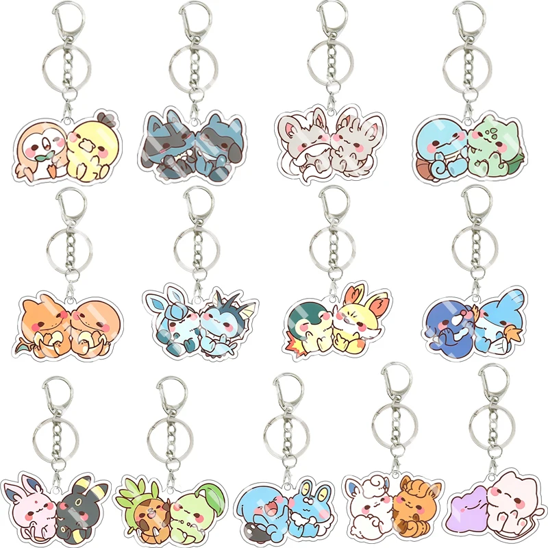 

Cute Couple Charmander Pidgey Wooper Squirtle Vaporeon Bulbasaur Psyduck Hug Pair Q Version Acrylic Keychain Pendant Charm Gifts