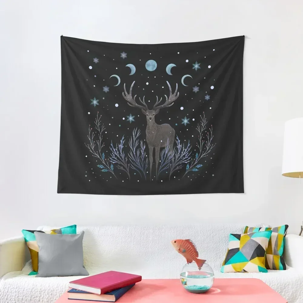 

Deer in Winter Night Forest Tapestry Room Design Wall Deco Tapete For The Wall Tapestry