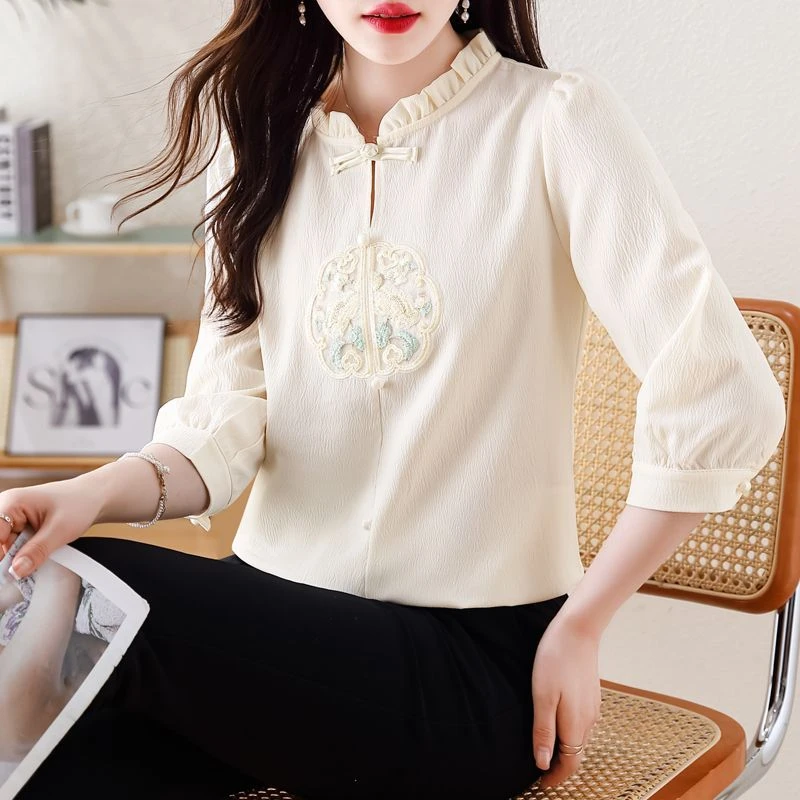 Elegant Embroidered Seven-Quarter Sleeve Shirt Women's Fashionable Chinese Style Light National Trend Spring Summer New Arrival