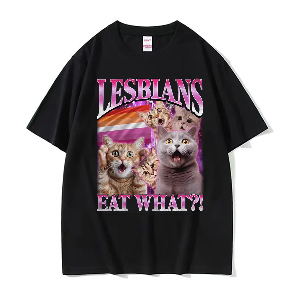 Camiseta de manga corta con cuello redondo Y2k, ropa para hombre, novedad en Top y Camisetas, Camisetas para hombre, Camisetas para lesbianas, comer lo que gato Meme