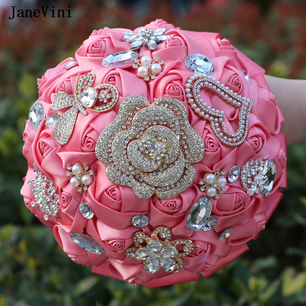 

JaneVini Luxury Pink Bridal Bouquets with Crystals Artificial Satin Roses Elegant Brooch Flowers Bouquet for Wedding Quinceanera
