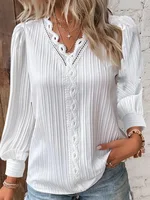 Élégant été dentelle creuse Patchwork femmes chemise Chic Blouse col en V à manches longues chemise plaine dentelle décontracté basique régulier hauts 3