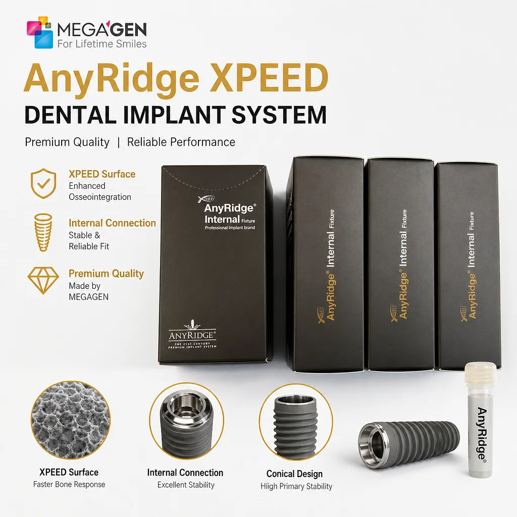 MegaGen AnyRidge XPEED Impiant, Osseospeed Surface, Internal Hex Titanium Root Body, D4.0xL10.0 Threaded for Bone Repair