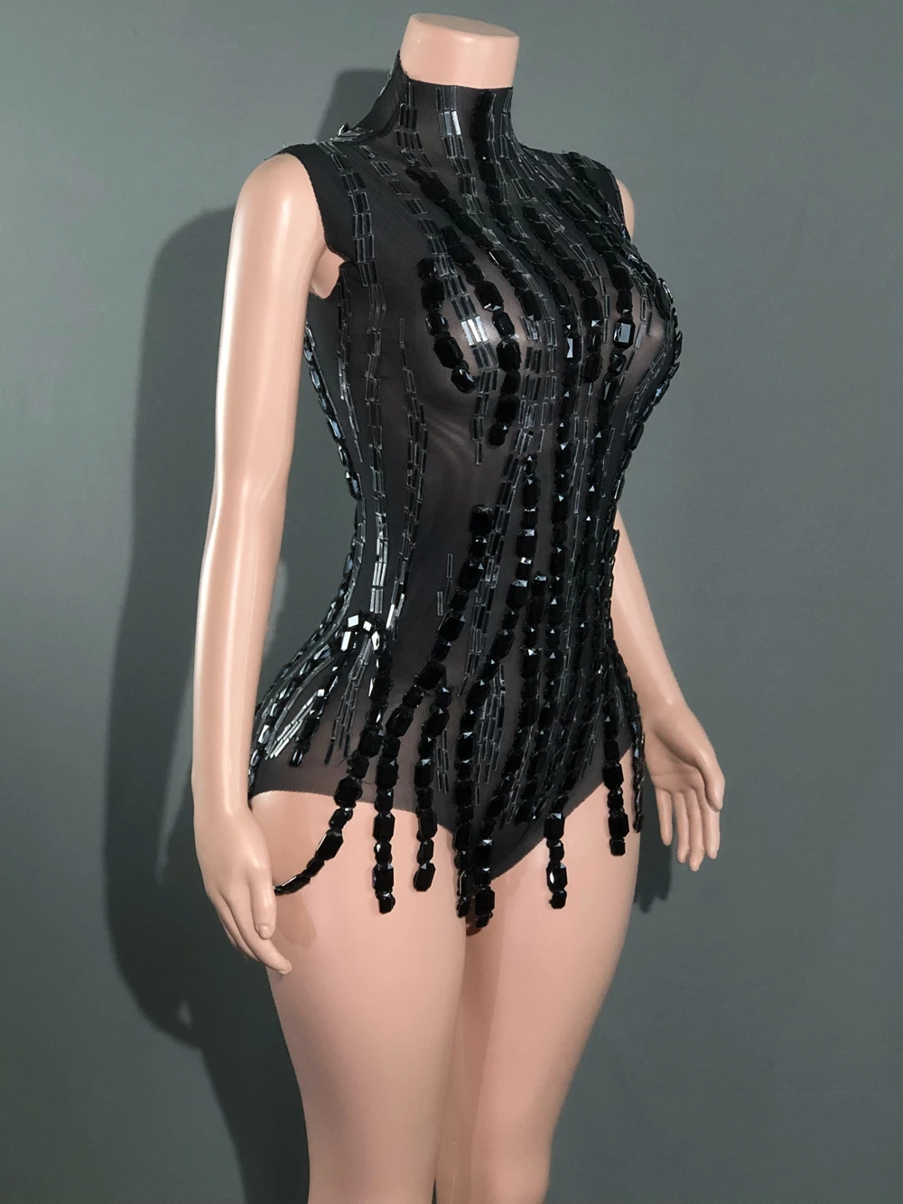 Sparkly Rhinestones Mirrors Bodysuit for Women Sexy Mesh Transparent Sleeveless Dancer Performance Dance Costume Stage Wear
