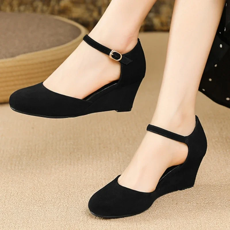 

Элегантные черные женские туфли-лодочки на танкетке, обувь Мэри Джейн D'Orsay, вечерние офисные модельные туфли из натуральной кожи, удобные женские туфли