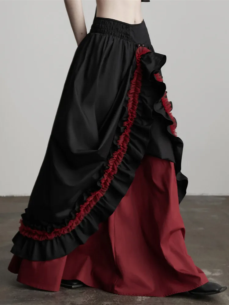64-71cm Elastci Waist Autumn Black Long Skirt Women Vintage Royal Court Elegant Pure Cotton Skirt Double-Layer Flared Maxi Skirt