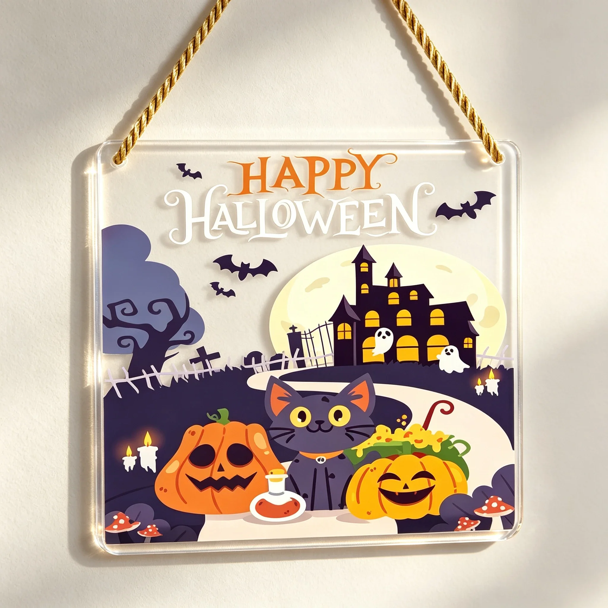 Spooky Castle Pumpkin Bat Halloween Door Hanger, Full Moon Porch Plaque,Cartoon Scenery Happy Halloween Wall Hanging, Halloween Party Decor Gift