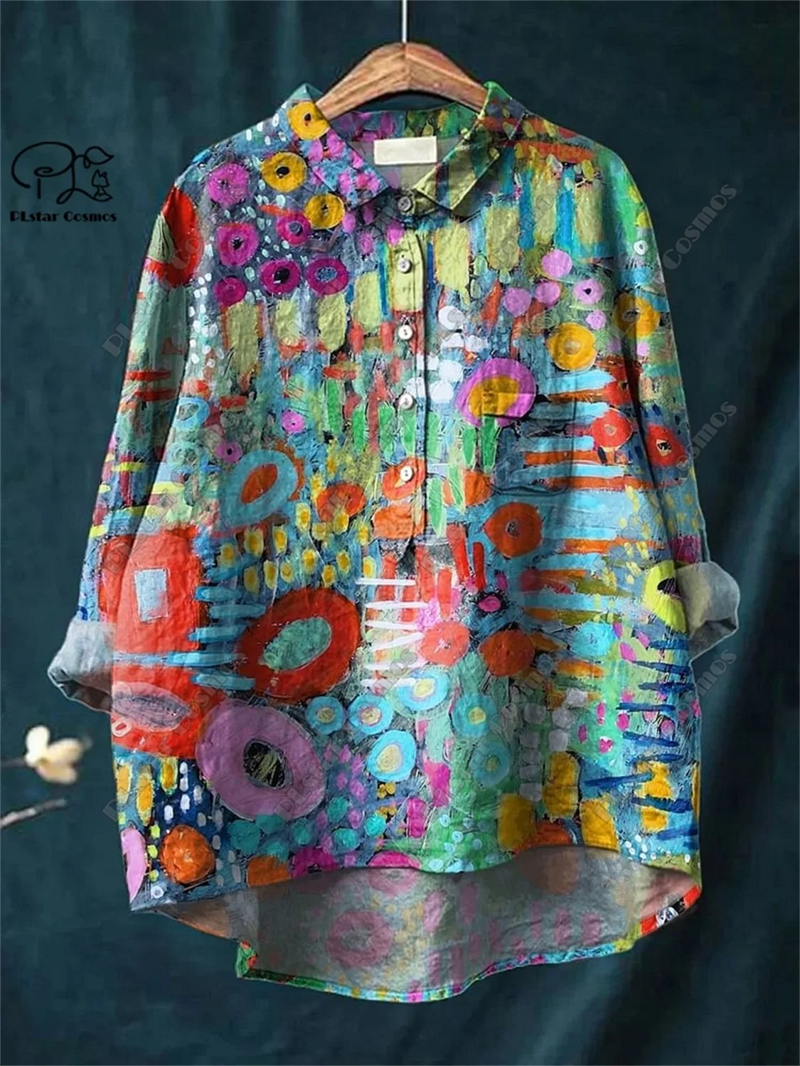 PLstar Cosmos new 3D printed women's loose retro floral fun casual printed open tube shirt  K-3