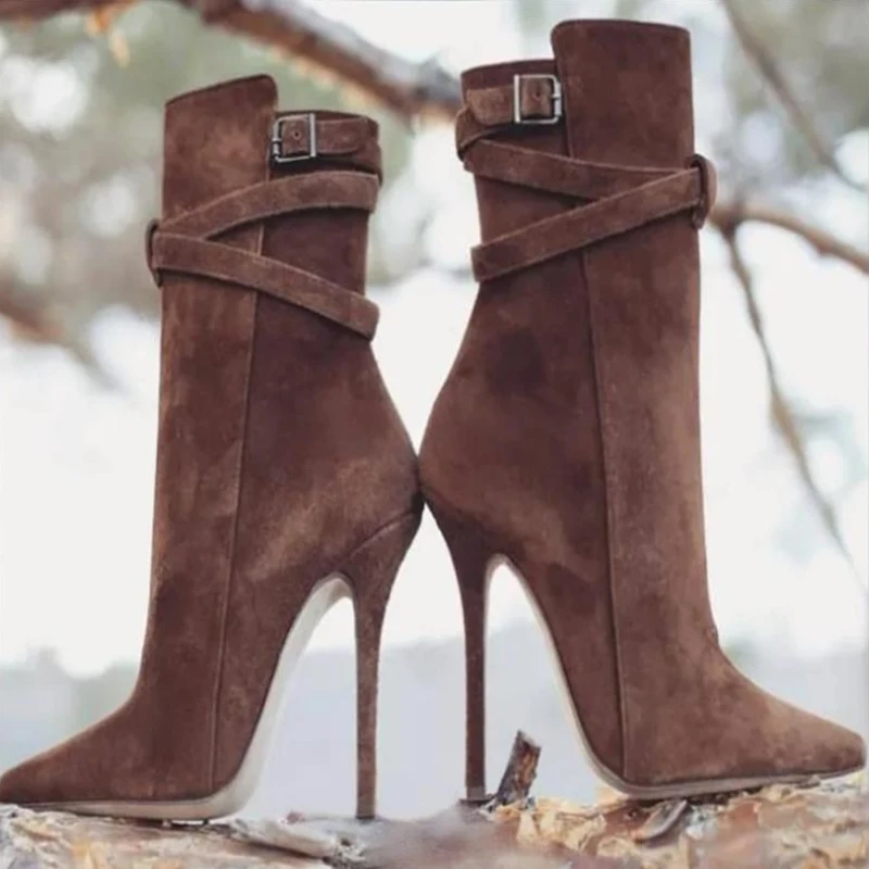 

Coffee Suede Ankle Straps Buckles High Heel Ankle Booties Stretch Cloth Pointed Toe Stiletto Heel Short Boots