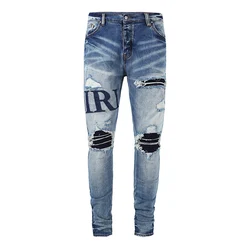 Pantalones vaqueros de cuero para Hombre, Jeans elásticos, ajustados, Piercing, marca Hip Hop, Retro, azul, moda de calle, nuevo