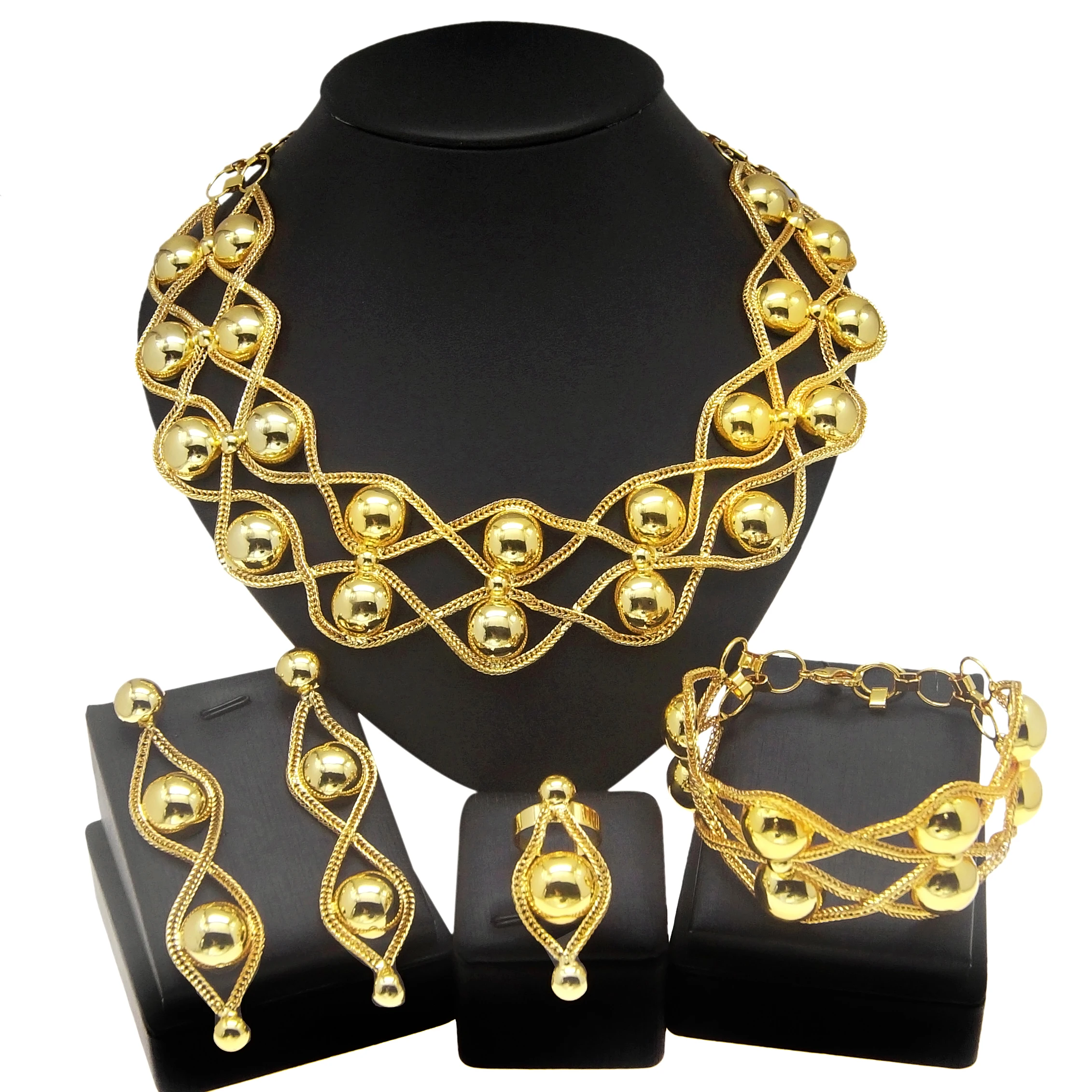 Luxury Elegant Gold Plated Necklace Ring Earrings Bracelet 4Pcs Set for Women Gold Color Jewelry Gift for Nigeria Bride Wedding
