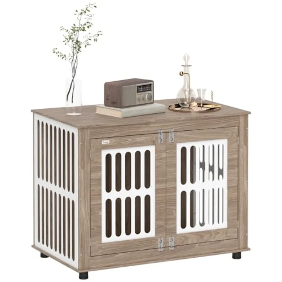 

Мебельный приставной столик-клетка для собак 39 Dog Crate Furniture с 2 дверцами, регулируемыми нескользящими ковриками для лап, декоративная клетка для крупных собак, цвет орехово-коричневый