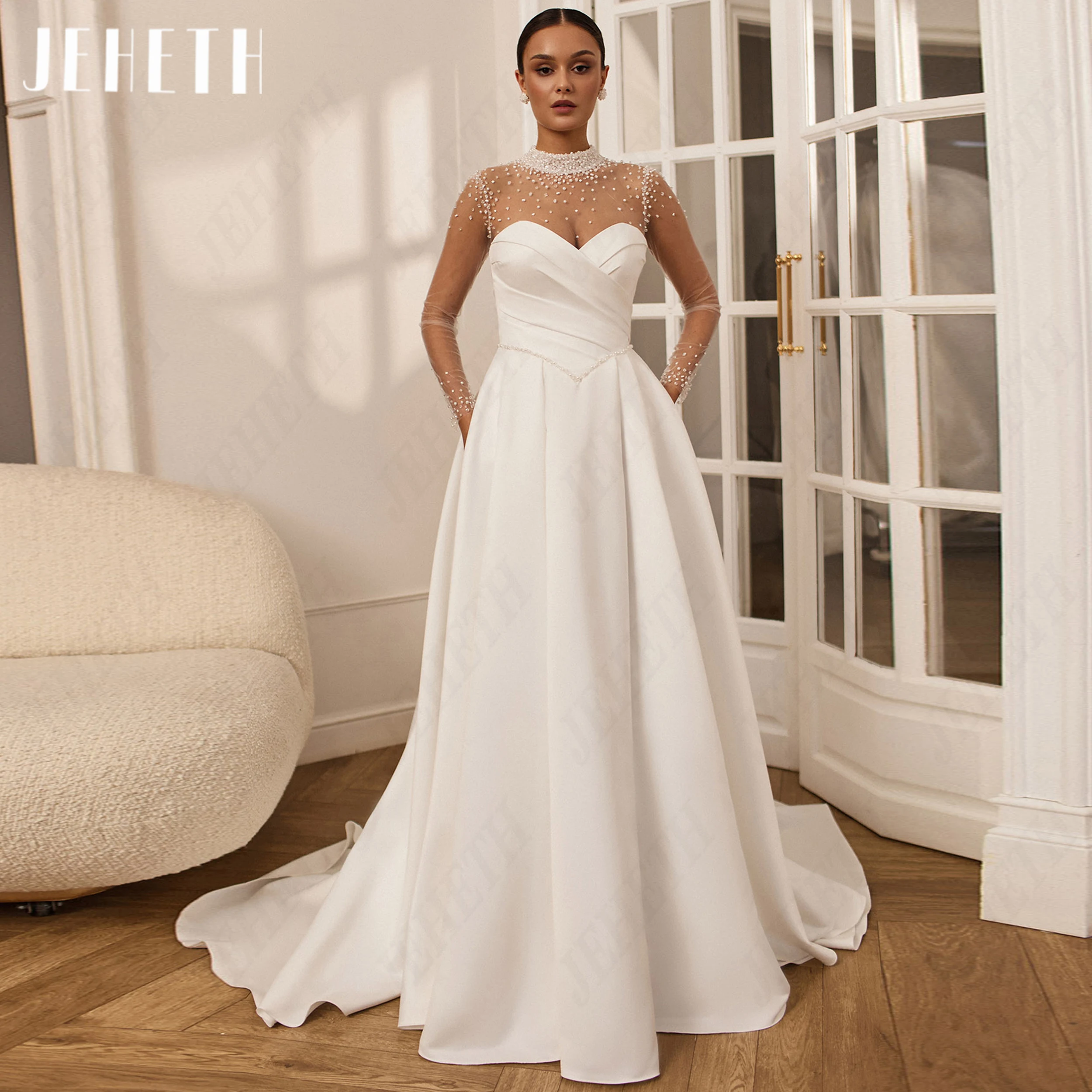 JEHETH Luxury Crystal Pearls Bridal Dress For Women Illusion Long Sleeves Wedding Dresses Slit Pockets Bride Gown Custom Made