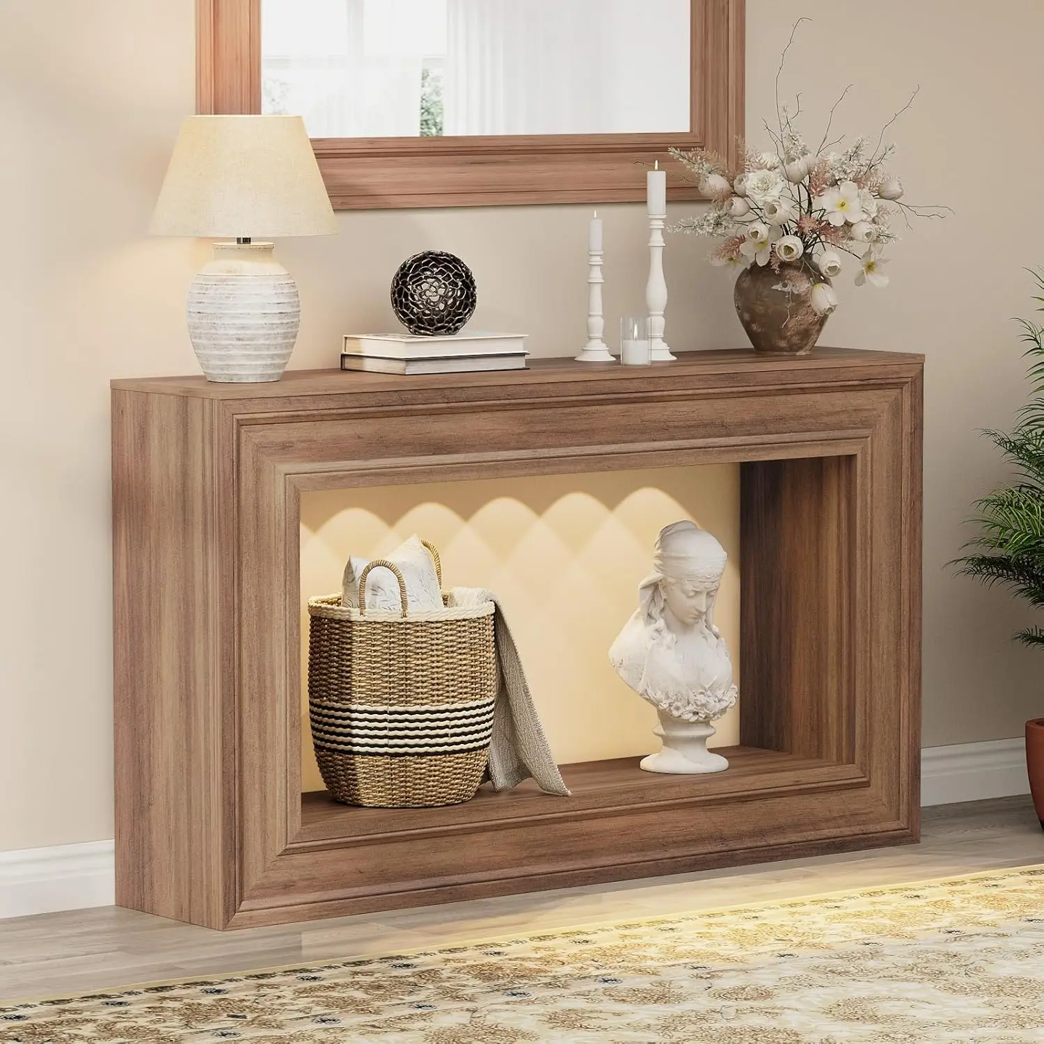 

Тумба-консоль LED 55 дюймов, 2-уровневая, узкая, для дивана, прихожей, входа, дерево, на заказ