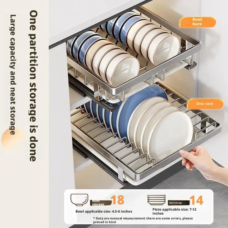 

Multifunctional household kitchen pull-out stainless steel cabinet with dishes and plates in the sink drain storage rack