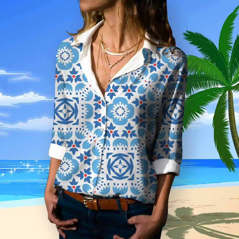 Модная летняя рубашка, гавайская рубашка с длинными рукавами, весенние Гавайские рубашки с геометрическим принтом, Женская Простая Офисная Дамская блузка