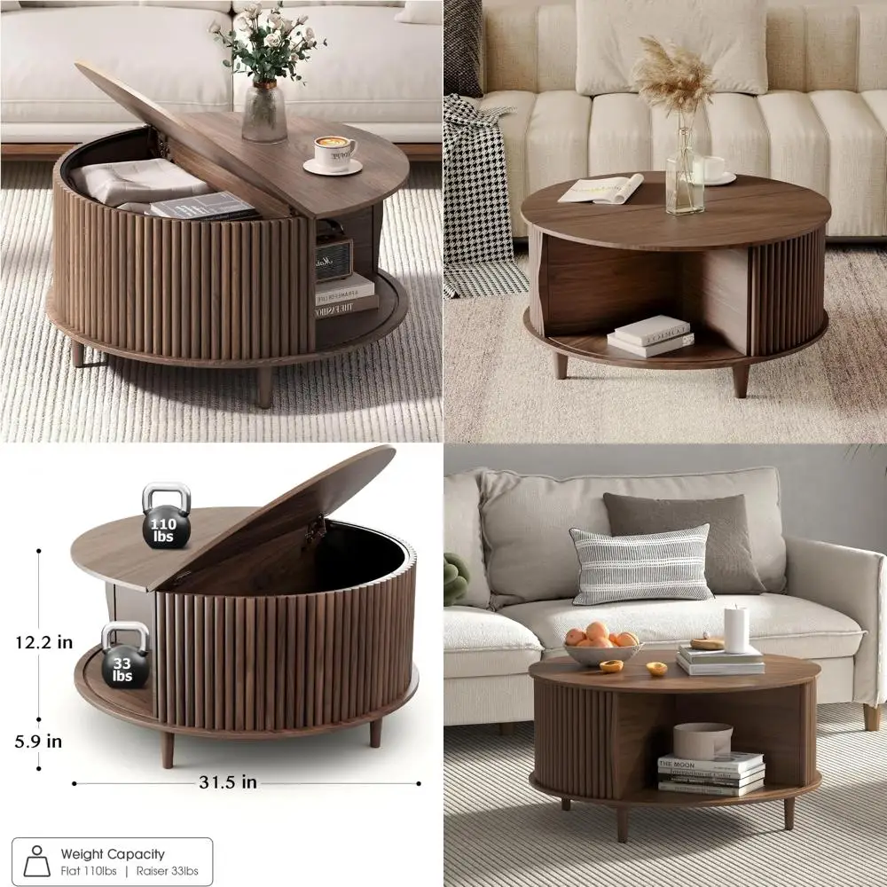 

Mid Century Modern Storage Coffee Table with Sliding Door, Fluted Living Room Center Table