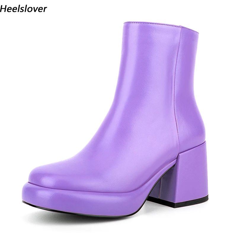 

Ahhlsion New Fashion Women Winter Ankle Boots Side Zipper Chunky Heels Round Toe Pretty Violet Prom Shoes Ladies US Size 5-9