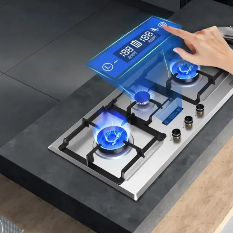 Large Panel Gas Cooker 180mins Smart Timing 3 Burner Stove for Kitchen Cooktop Built-in Gas Stove Stainless Steel 900mm