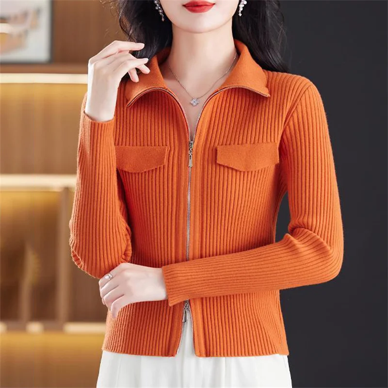 Autumn Winter Short Sweater Jacket 2024 New POLO Collar Loose Women's Clothes Solid Colour Fashion Zipper Knitwear Coat Female