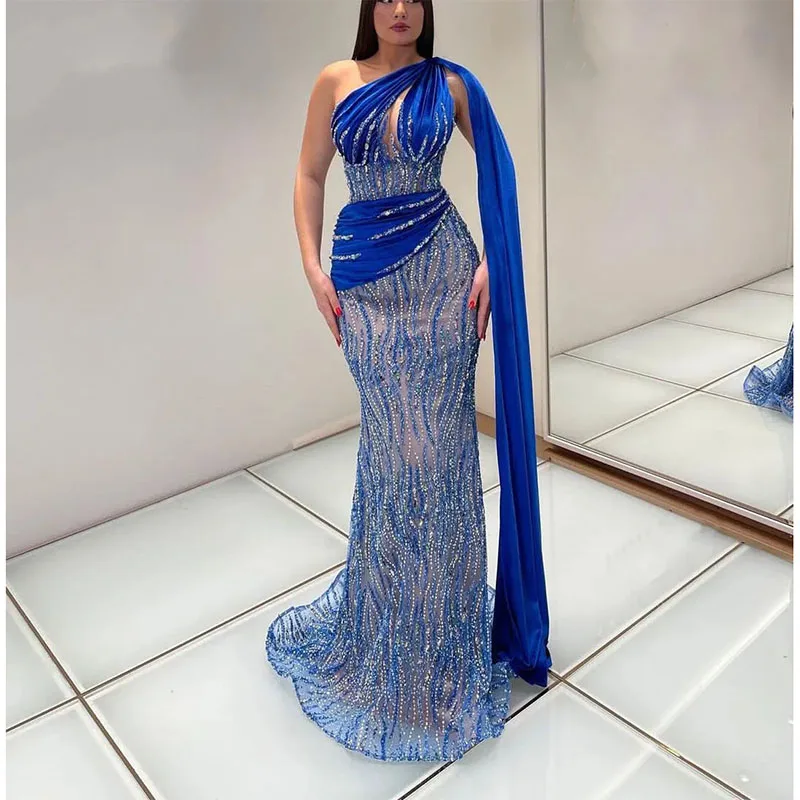 Robe de Soirée Bleu Foncé à Paillettes Perlées, Longueur au Sol, en Dentelle 3D, Tenue de Bal de Forme Sirène Ajourée