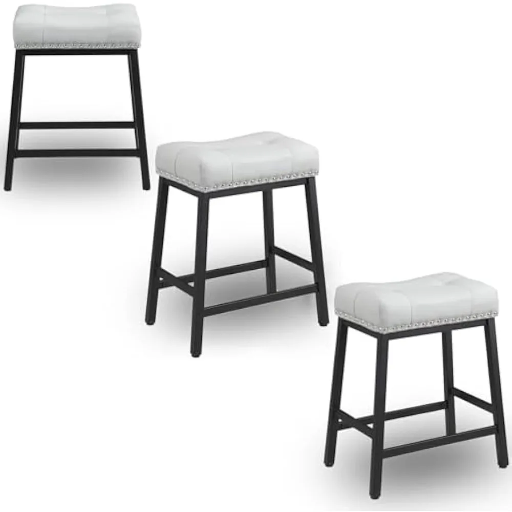 Bar Stools Set of 3, Modern Counter Height Backless Barstools, 27 Inch Kitchen Stools with Soft Gray PU Leather Saddle Pa